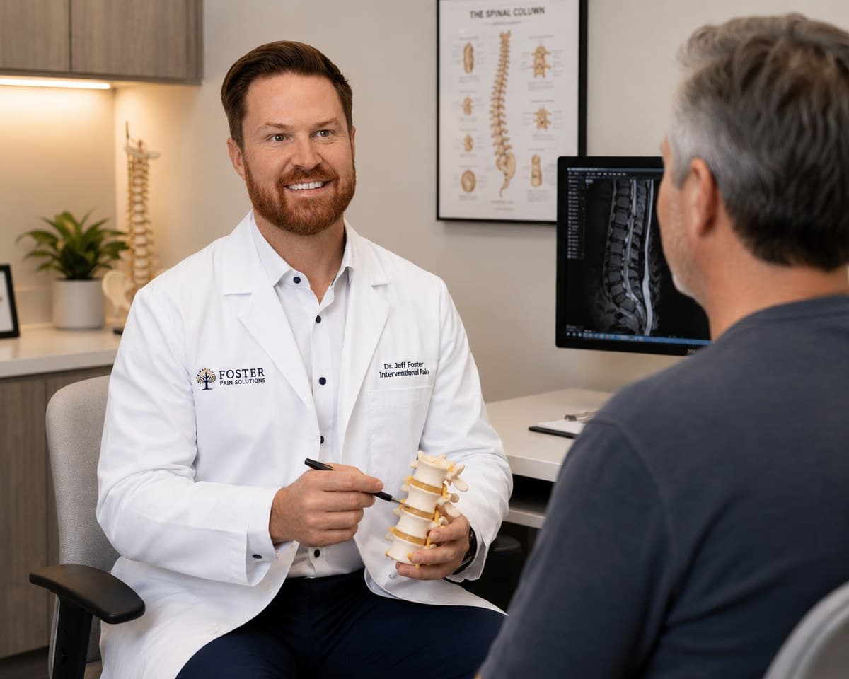 Dr. Foster, in a white coat with the Foster Pain Solutions logo, consulting with a patient using a spine model, with an X-ray visible on a monitor in the background.