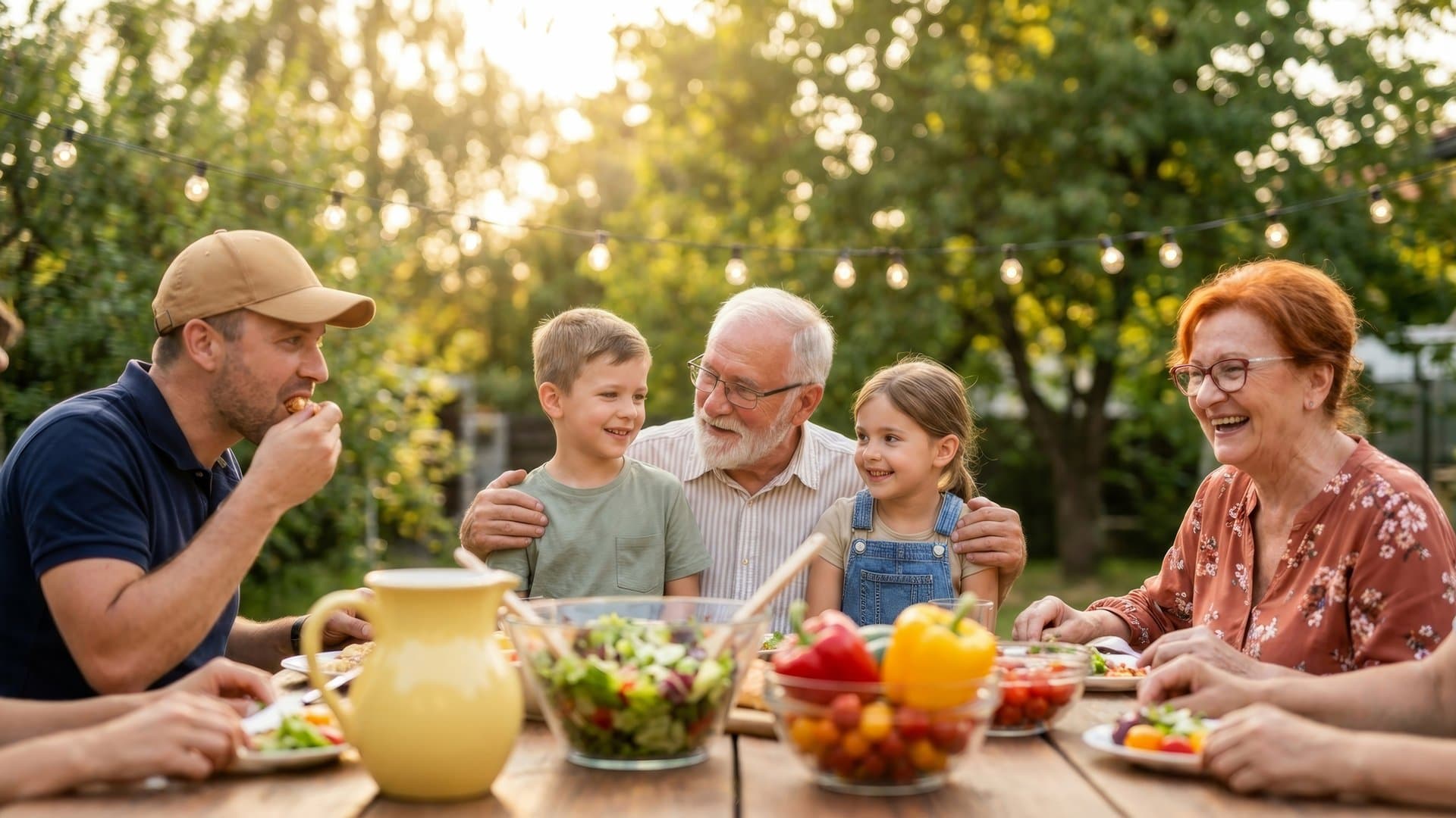 A multi-generational family gathered around an outdoor table at golden hour, sharing a meal together.